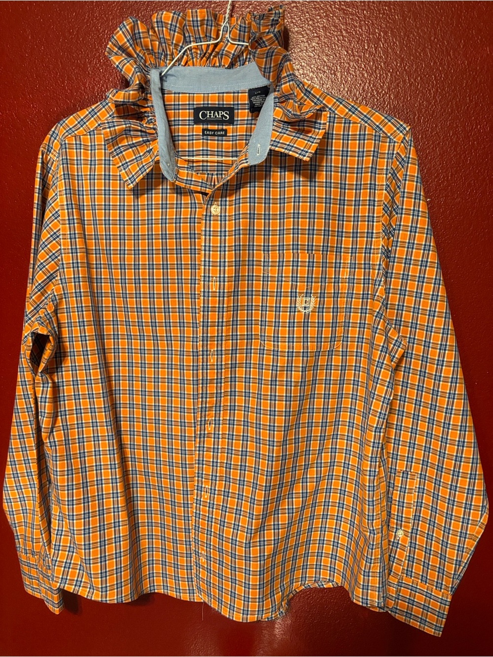 Upcycled/Reloved CHAPS Orange Plaid Shirt Ruffle Collar